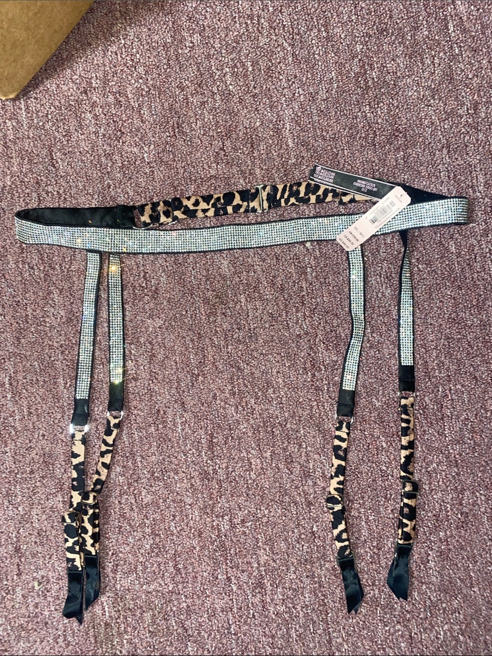 Victoria's Secret Silver Rhinestone Garter Belt with Leopard Straps